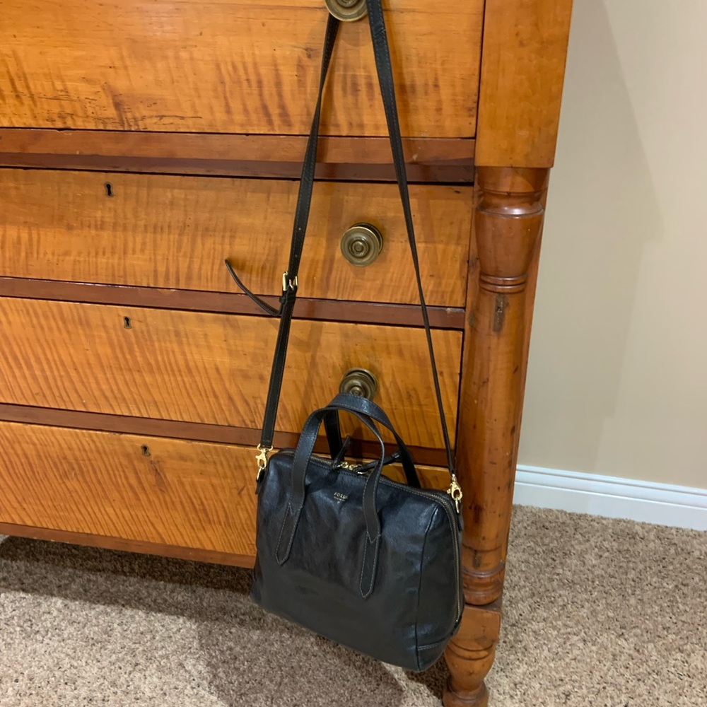Fossil Sydney Satchel Black Leather Handbag Crossbody Purse Removable Strap